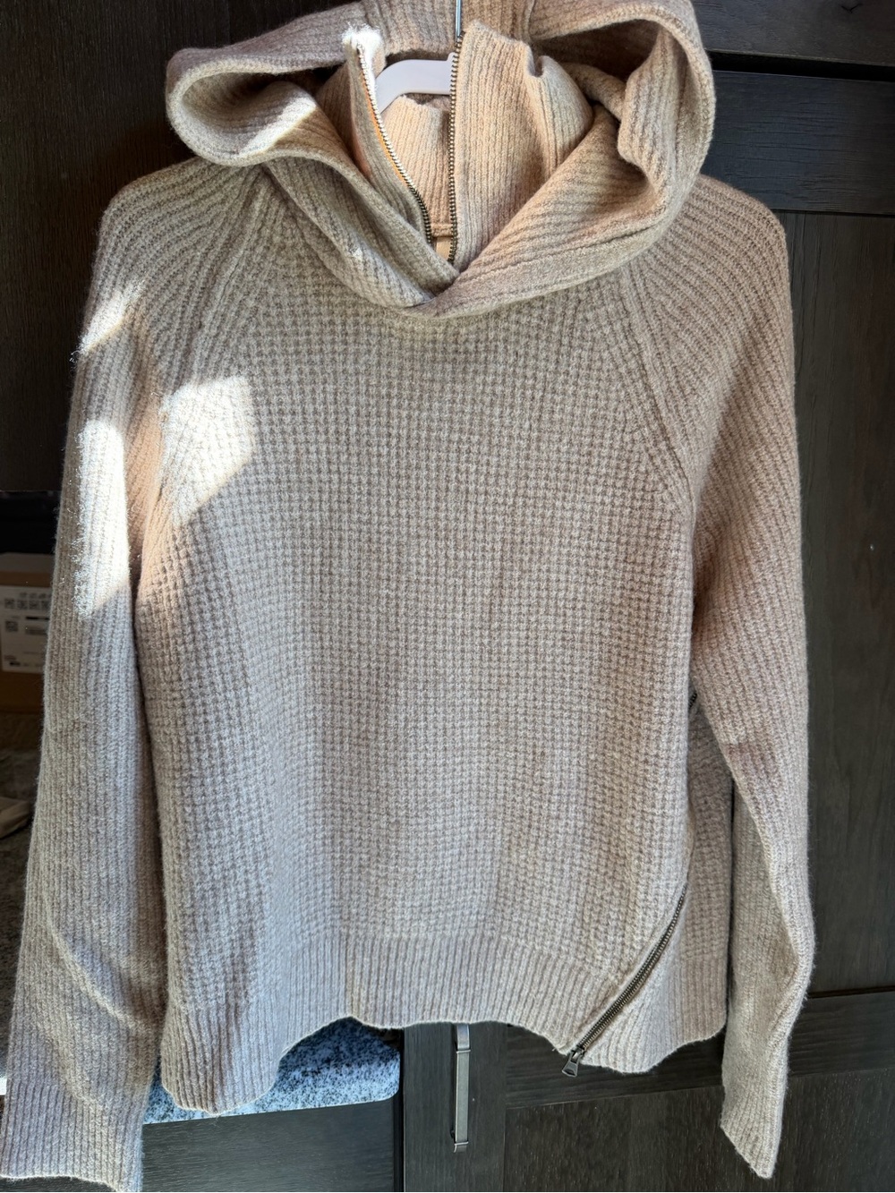 Pilcro Waffle-Knit Hooded Turtleneck Sweater in Beige
